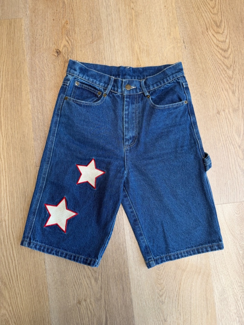 Wish Me Luck Los Angeles Long Blue Denim Jorts with Stars